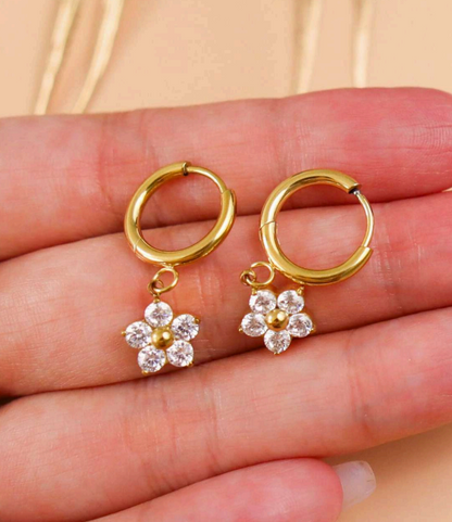 CZ Flower Charm Huggie Hoop Earrings