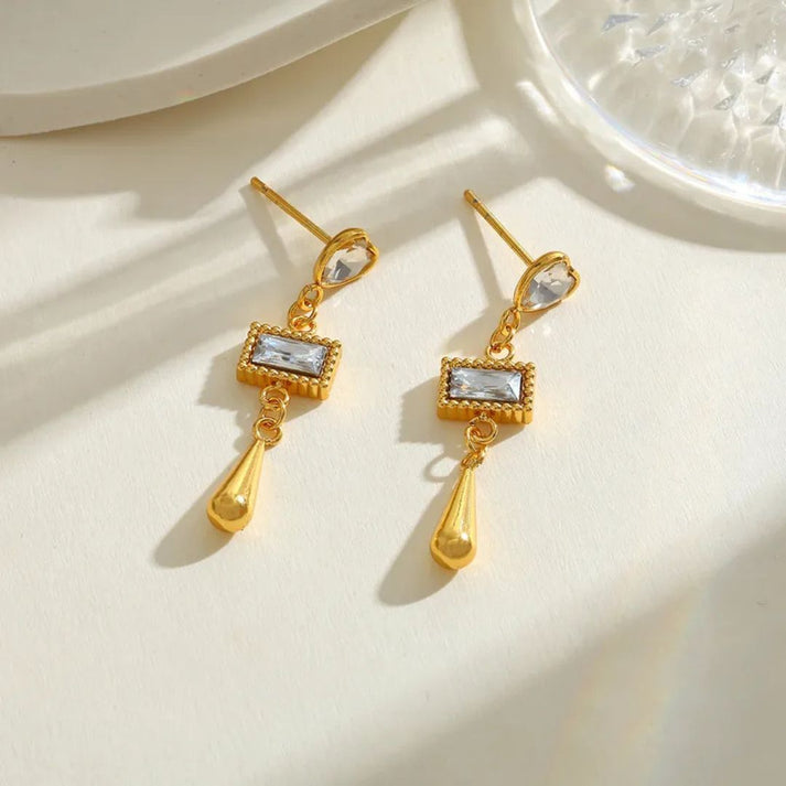 CZ Heart & Baguette Long Teardrop Drop Earrings