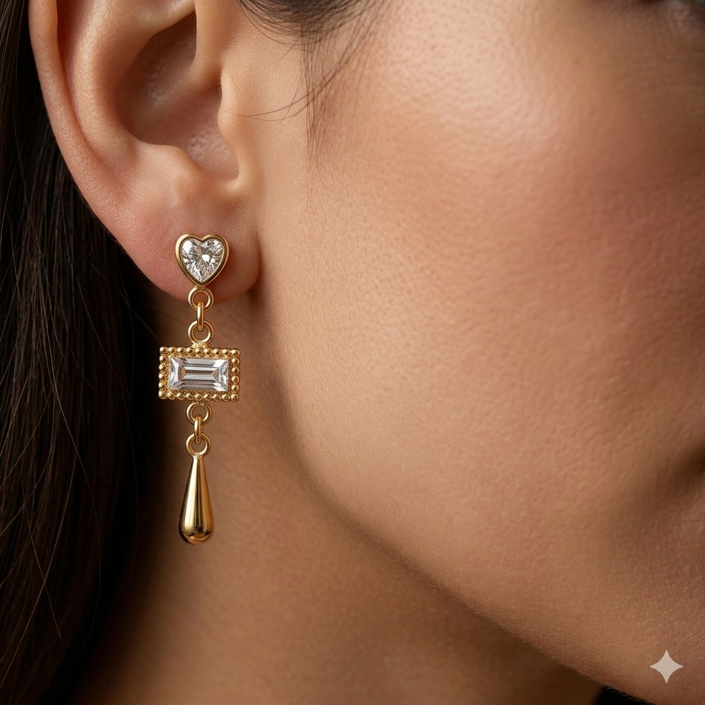 CZ Heart & Baguette Long Teardrop Drop Earrings