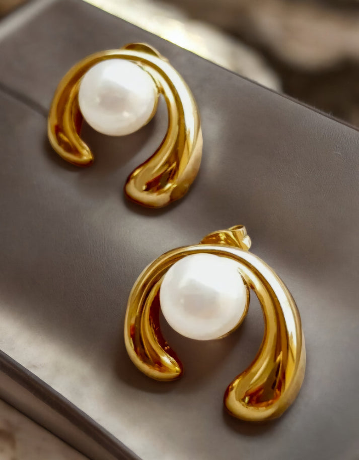 Gold Swirl Pearl Stud Earrings