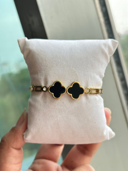 Double Black Clover Imported Stones Chain Bracelet