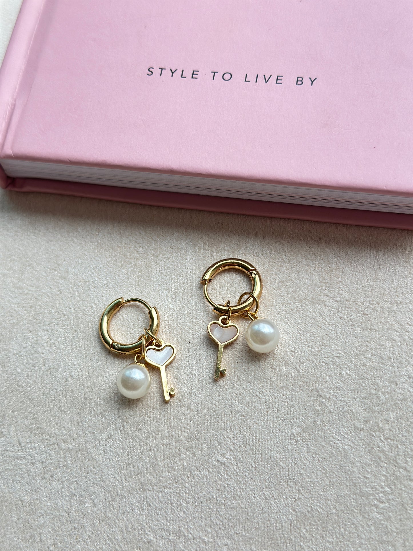 Heart and Key Pearl Hoop Earrings