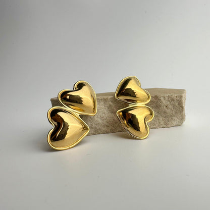 Double Puffy Heart Drop Earrings