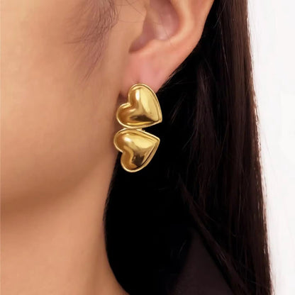 Double Puffy Heart Drop Earrings