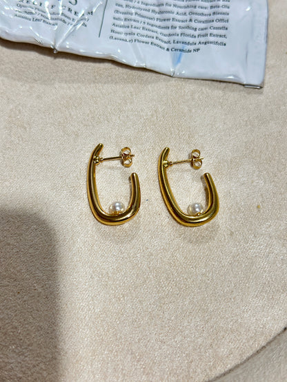 Oval Pearl Drop Hoop Earrings
