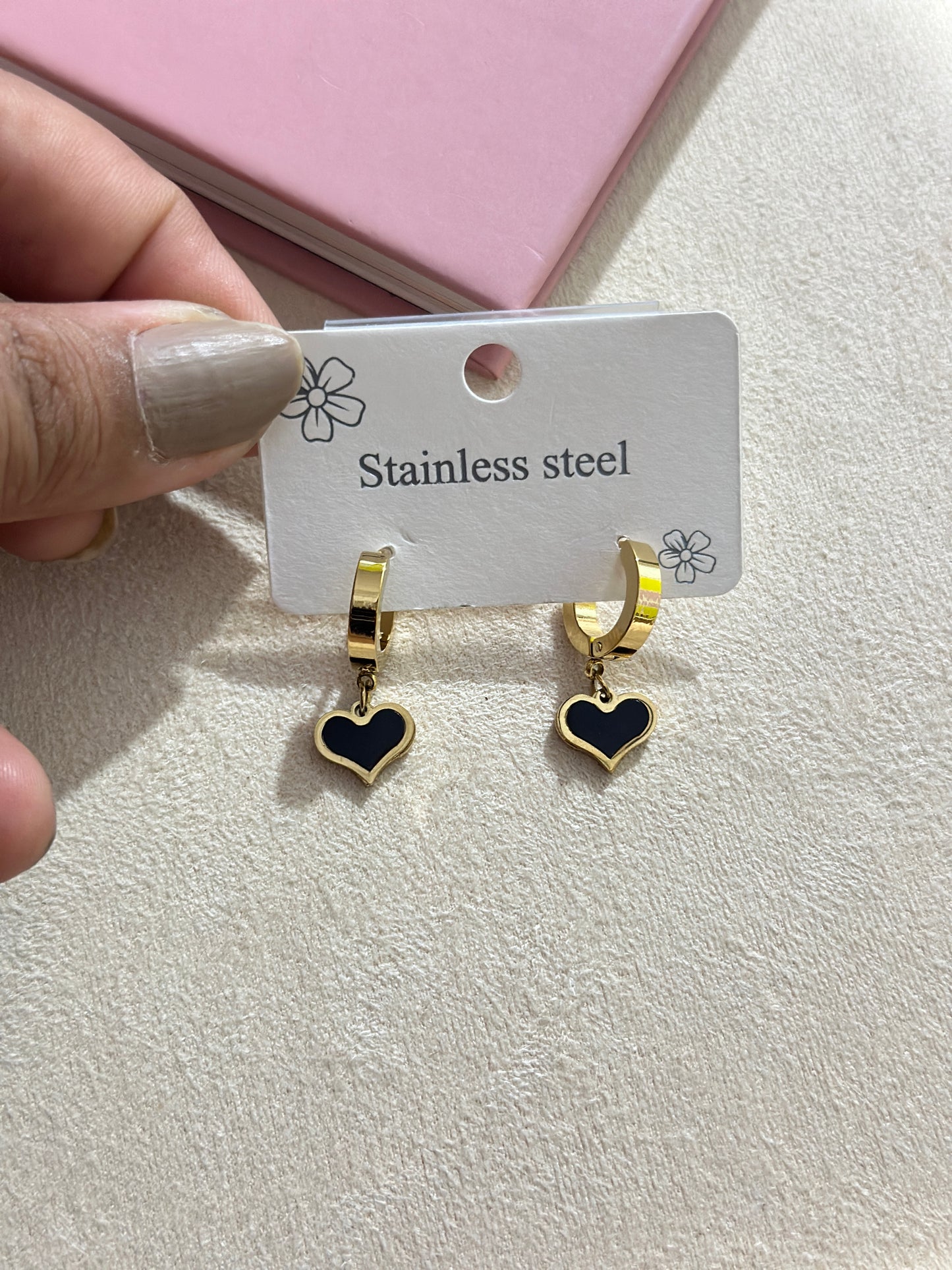 Black Enamel Heart Charm Earrings