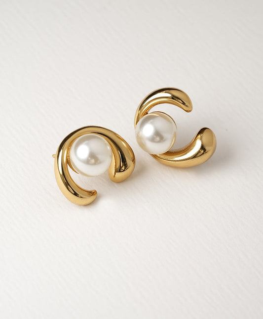 Gold Swirl Pearl Stud Earrings