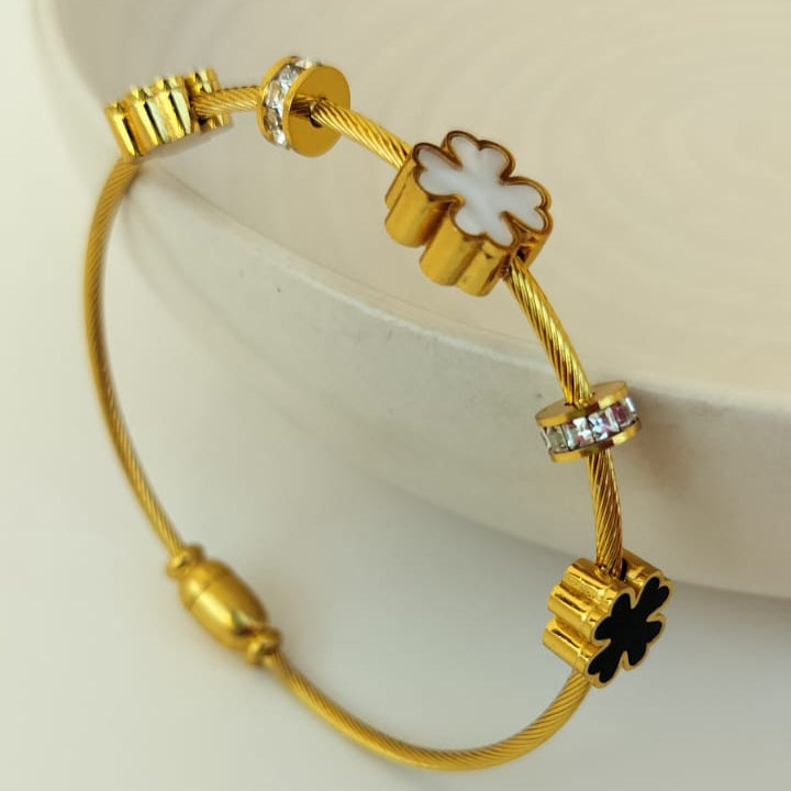 MOP Clover &  Imported Stone Twisted Wire Bangle