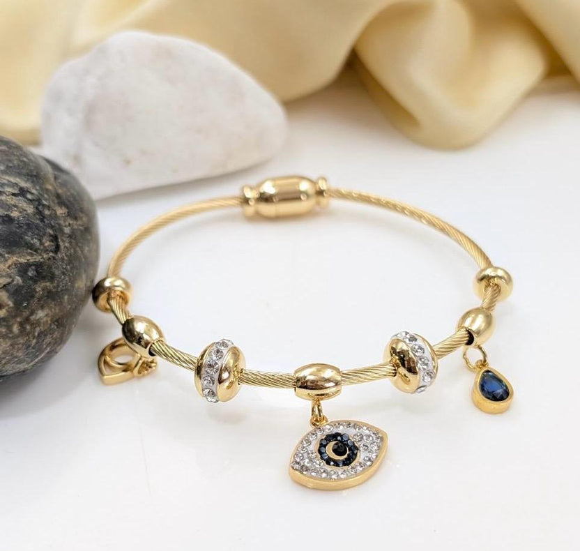 Evil Eye Multi Charm Twisted Wire Bracelet