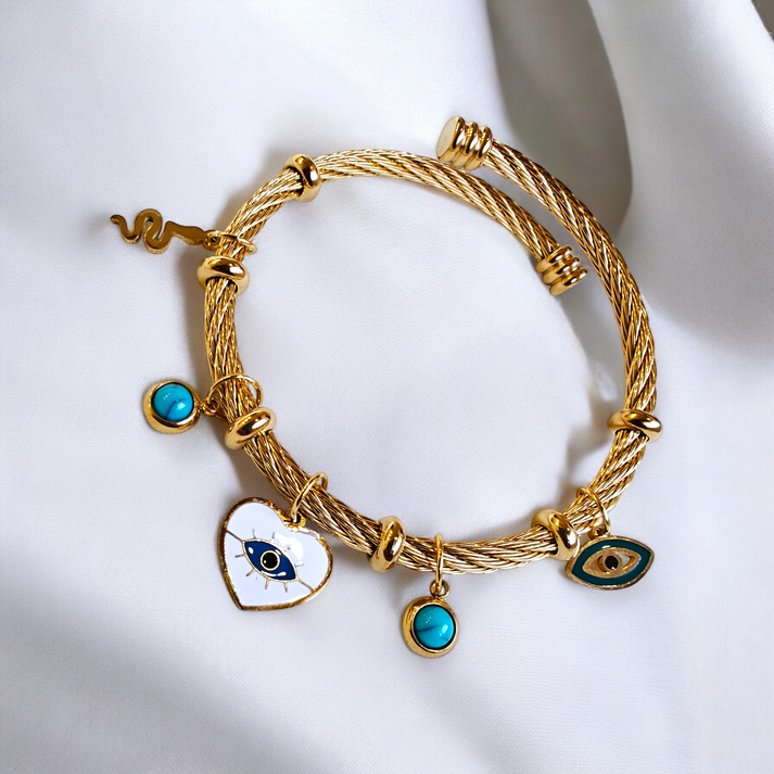 Evil Eye Heart & Turquoise Multi Charm Twisted Wire Bracelet