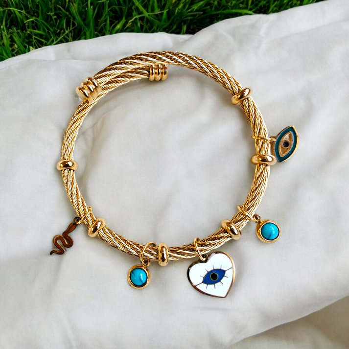 Evil Eye Heart & Turquoise Multi Charm Twisted Wire Bracelet