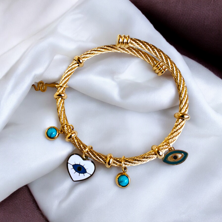 Evil Eye Heart & Turquoise Multi Charm Twisted Wire Bracelet
