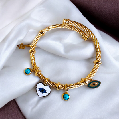 Evil Eye Heart & Turquoise Multi Charm Twisted Wire Bracelet
