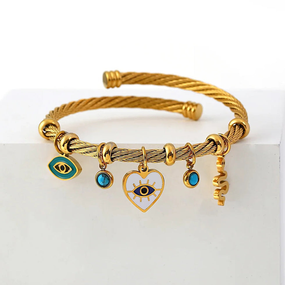 Evil Eye Heart & Turquoise Multi Charm Twisted Wire Bracelet