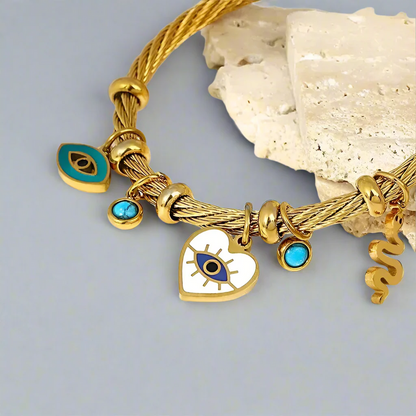 Evil Eye Heart & Turquoise Multi Charm Twisted Wire Bracelet