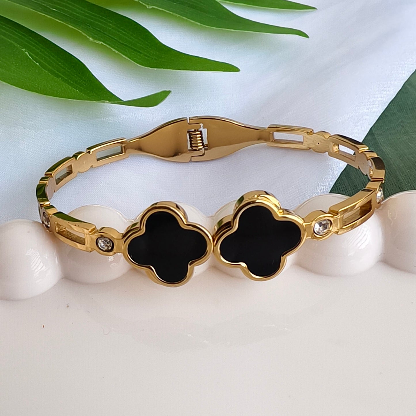 Double Black Clover Imported Stones Chain Bracelet