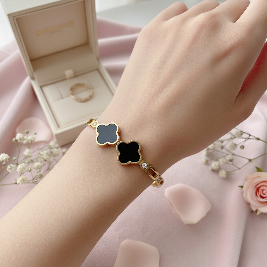 Double Black Clover Imported Stones Chain Bracelet