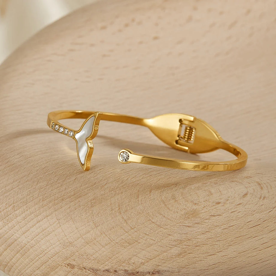 MOP Whale Tail Imported Stone Gold Cuff Bangle
