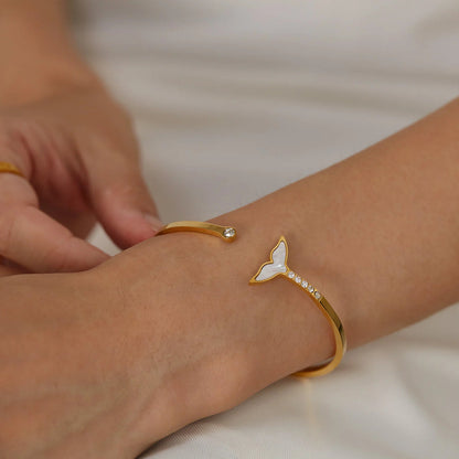 MOP Whale Tail Imported Stone Gold Cuff Bangle