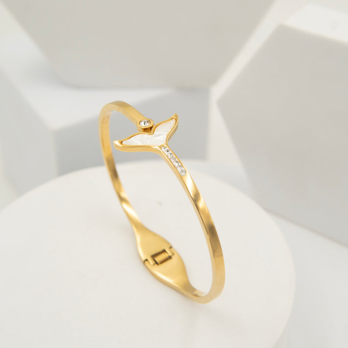 MOP Whale Tail Imported Stone Gold Cuff Bangle