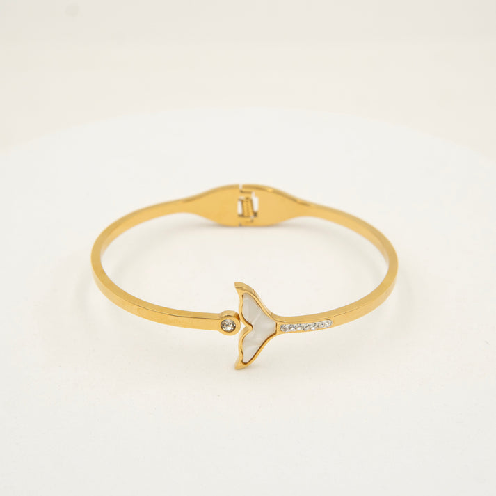 MOP Whale Tail Imported Stone Gold Cuff Bangle