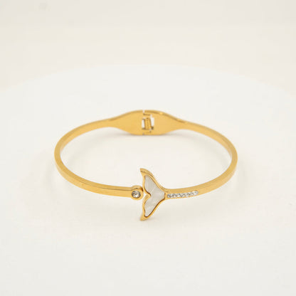 MOP Whale Tail Imported Stone Gold Cuff Bangle