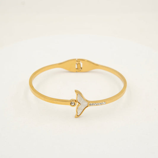 MOP Whale Tail Imported Stone Gold Cuff Bangle