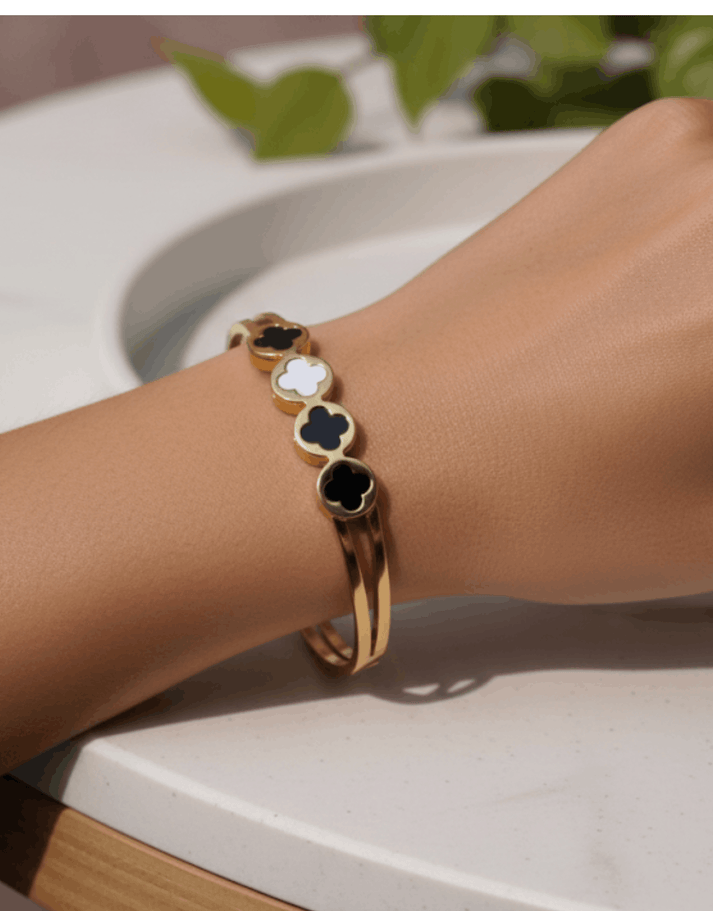 Alternating Black & White Clover Cuff Bangle