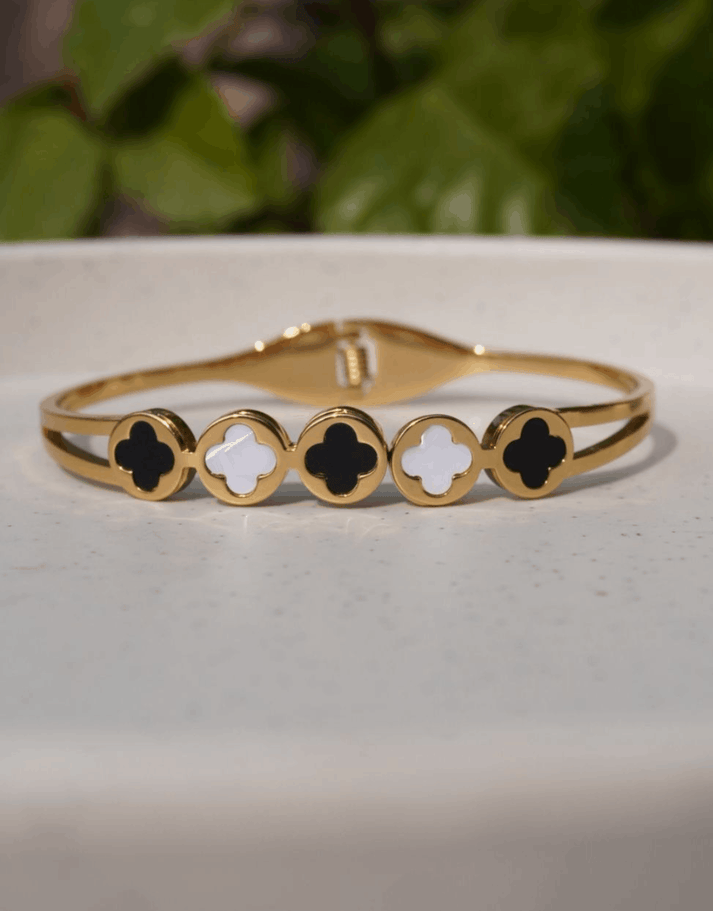 Alternating Black & White Clover Cuff Bangle