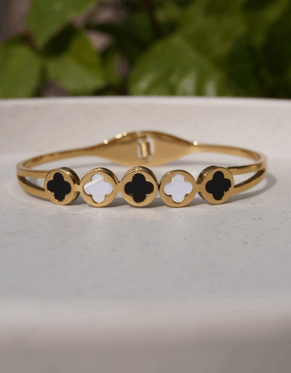 Alternating Black & White Clover Cuff Bangle