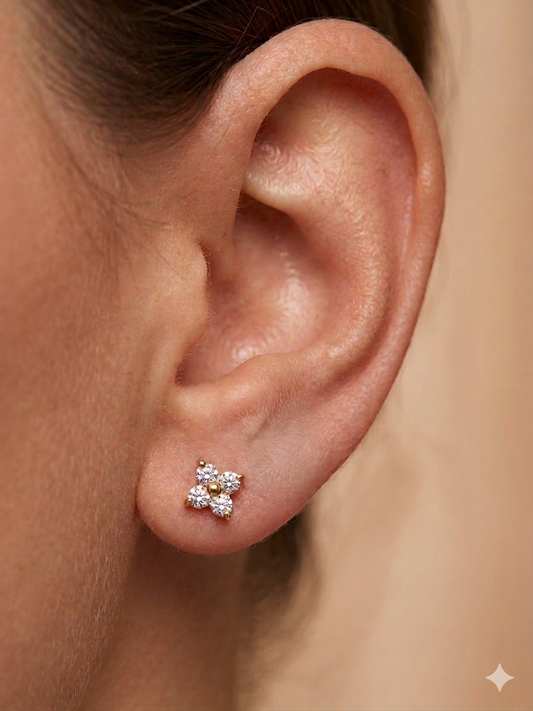 Four Petal Flower Crystal Stud Earrings