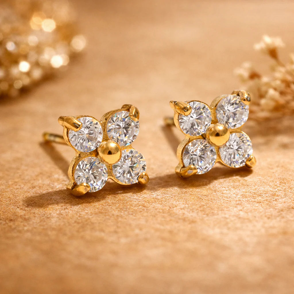 Four Petal Flower Crystal Stud Earrings
