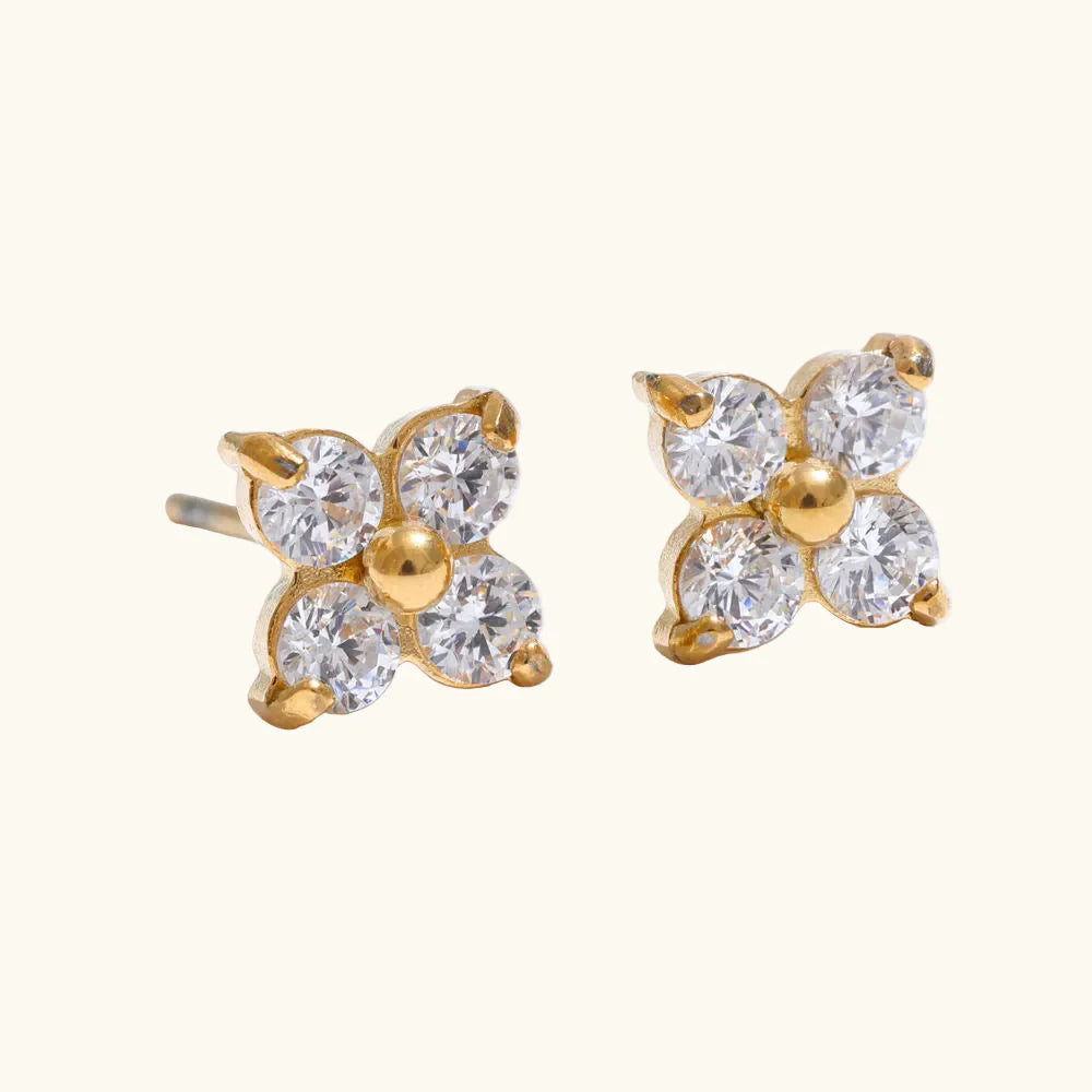 Four Petal Flower Crystal Stud Earrings