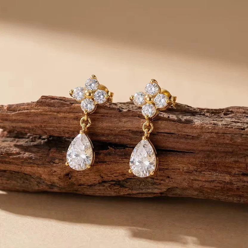 Floral Cluster and Teardrop Crystal Earrings