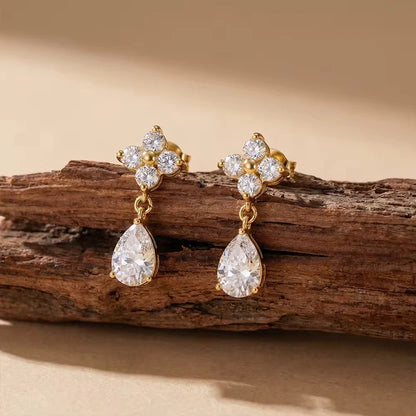 Floral Cluster and Teardrop Crystal Earrings