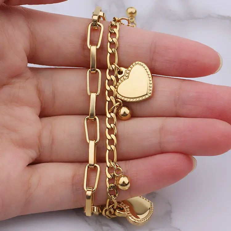 Heart Charm Multi Chain Bracelet Set
