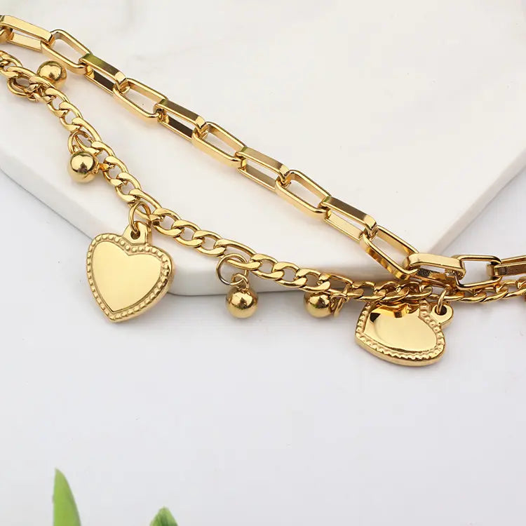 Heart Charm Multi Chain Bracelet Set
