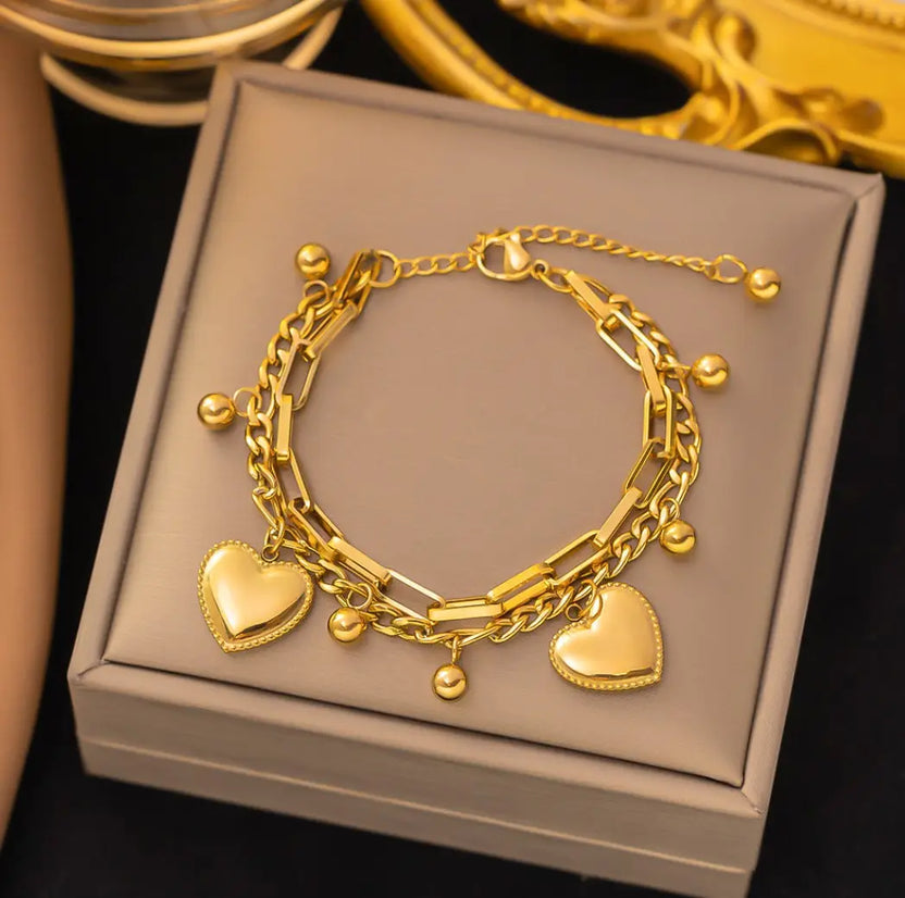 Heart Charm Multi Chain Bracelet Set