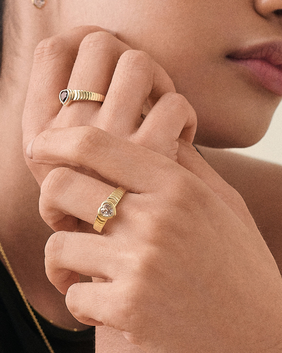 Ribbed Band Heart Bezel CZ Ring
