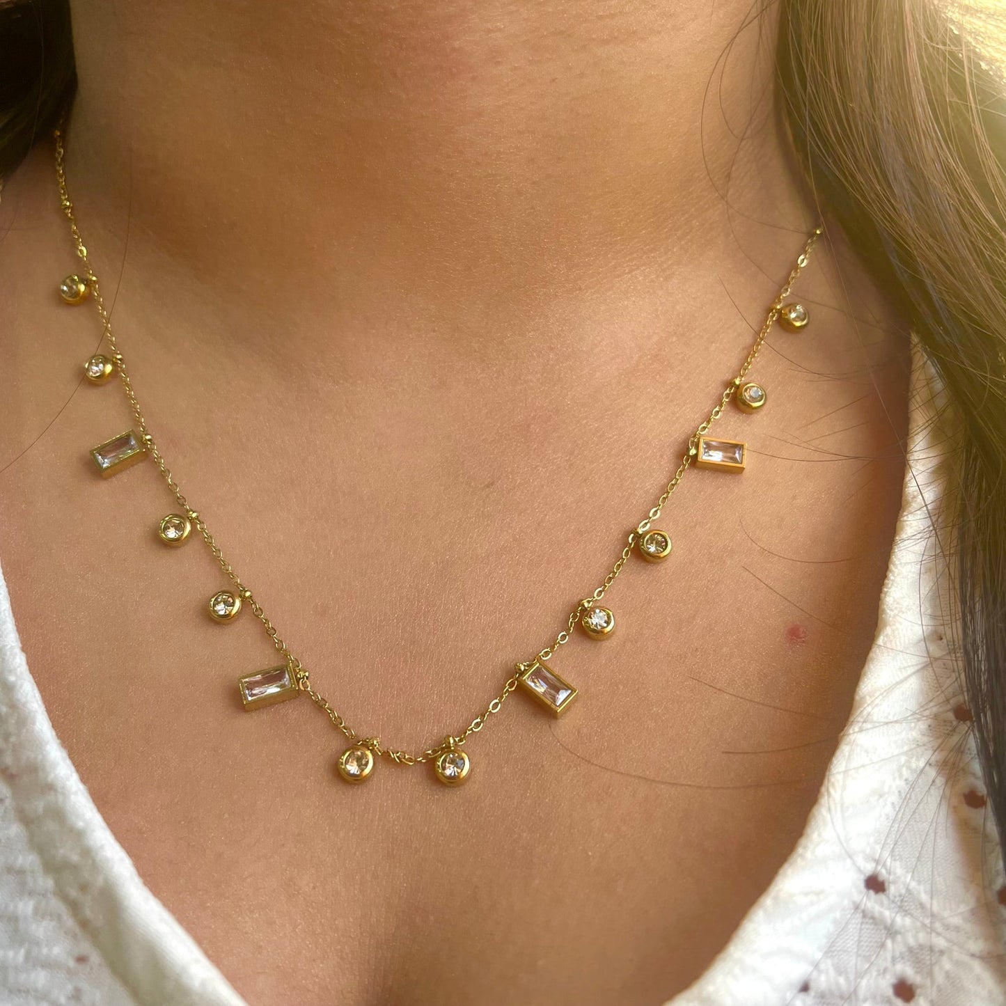 Crystal Bezel Fringe Necklace
