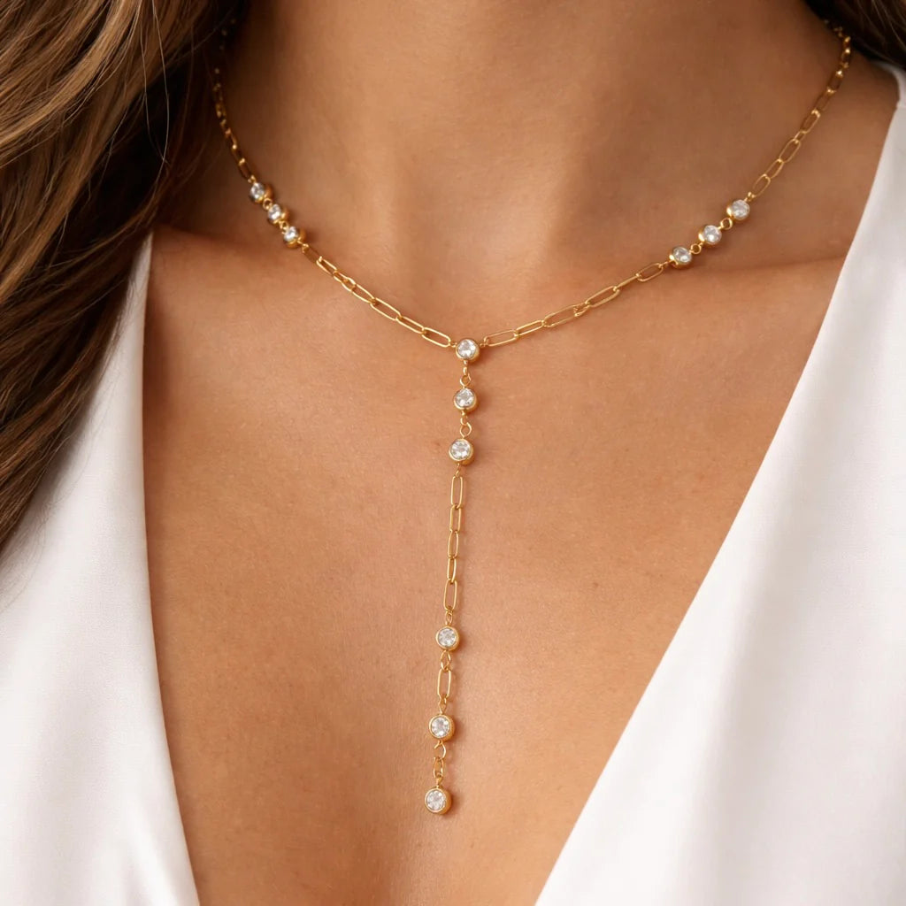 Crystal Bezel Lariat Necklace