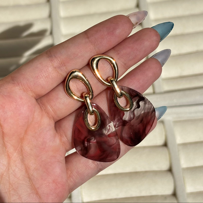 Marble Resin Drop Earrings with Gold Chain Link
