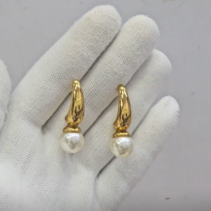 Curved Gold Pearl Drop Earrings