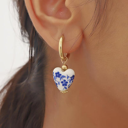 Ceramic Floral Heart Hoop Earrings