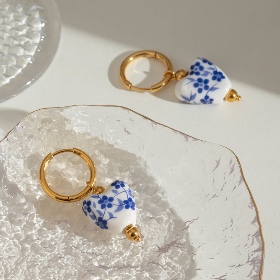 Ceramic Floral Heart Hoop Earrings