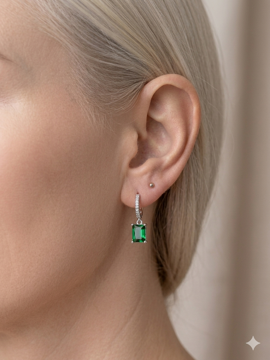 Emerald Green Baguette Hoop Drop Earrings