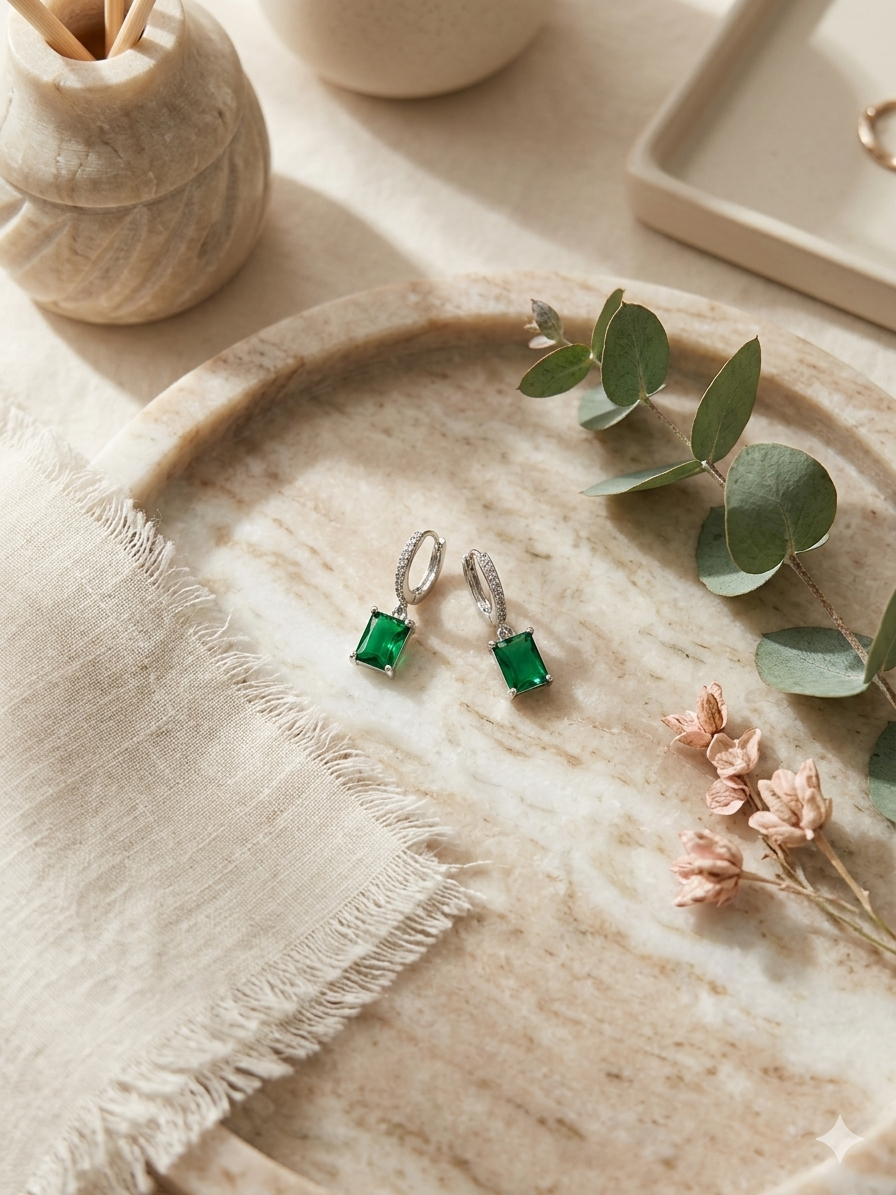 Emerald Green Baguette Hoop Drop Earrings