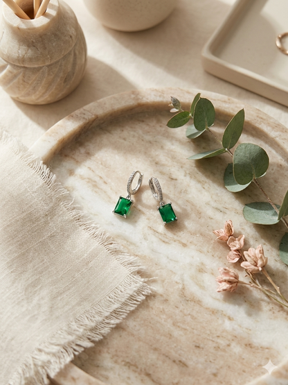 Emerald Green Baguette Hoop Drop Earrings