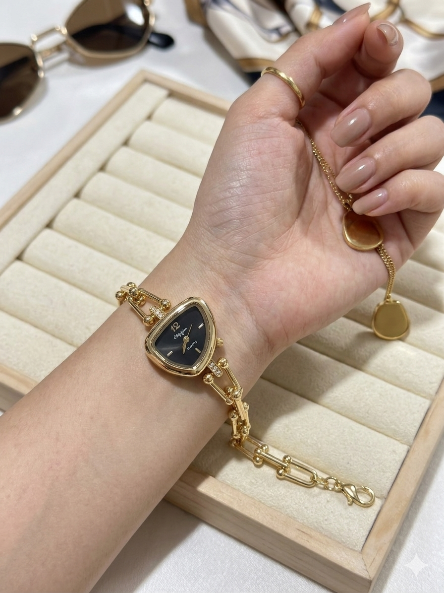 Eliyina Trapezoid Shield Gold Chain Watch