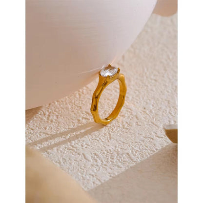 Bamboo Band Oval CZ Solitaire Ring